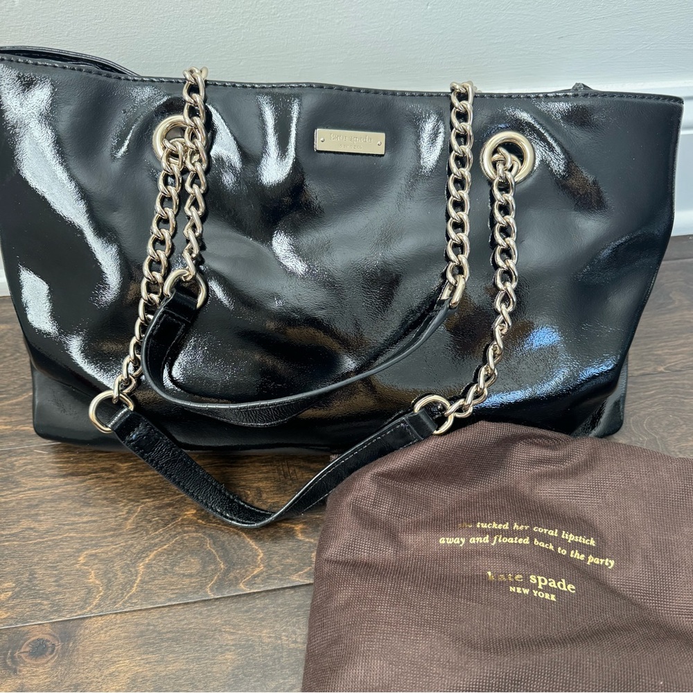 Kate Spade Black Patent Leather Tote with light gold accents, chain strap